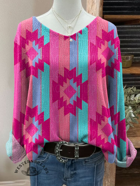 Women's Aztec Print Casual Pullover Sweater