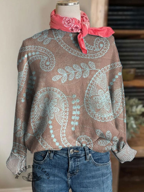 Paisley Print Knit Pullover Sweater