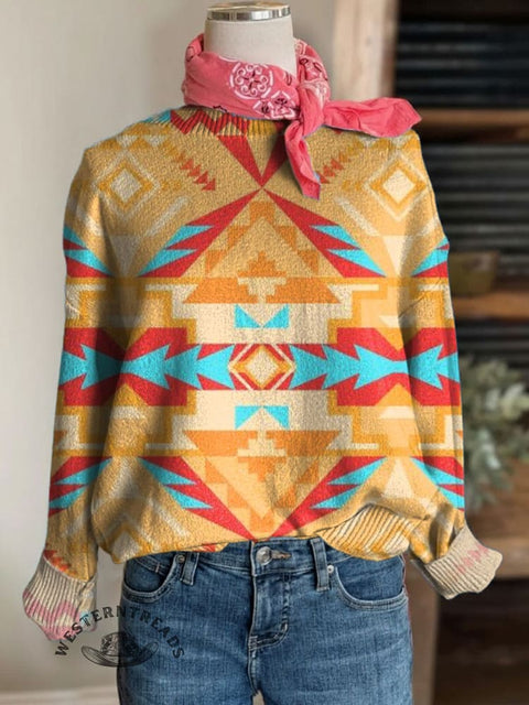 Aztec Print Crew Neck Knit Pullover Sweater