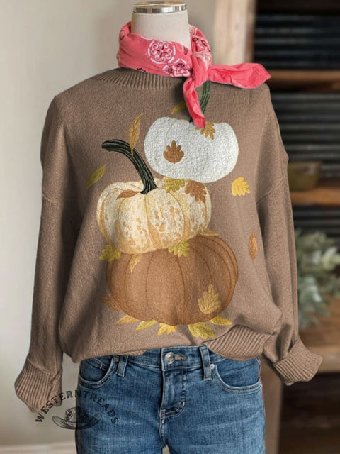 Pumpkin Print Crew Neck Knit Pullover Sweater