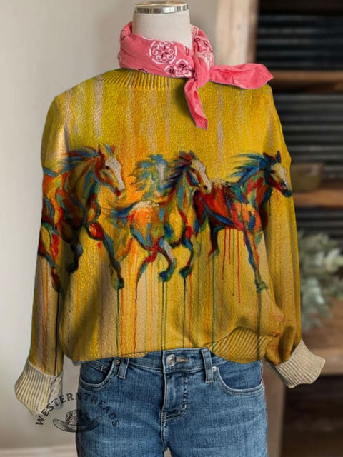 Horse Print Crew Neck Knit Pullover Sweater
