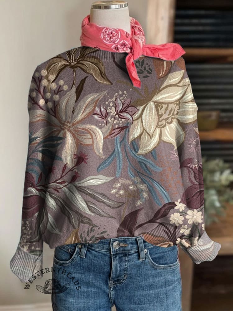 Floral Print Crew Neck Knit Pullover Sweater