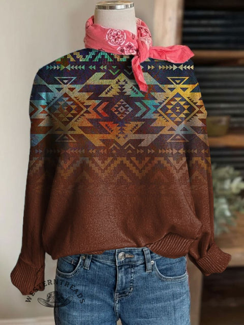 Aztec Print Crew Neck Knit Pullover Sweater