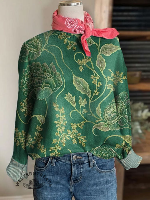 Floral Print Crew Neck Knit Pullover Sweater