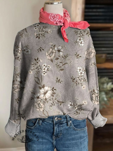 Floral Print Crew Neck Knit Pullover Sweater