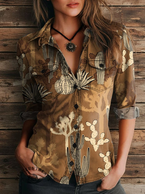 Women's Cactus Print Casual Long Sleeve Comfortable Cotton Shirt