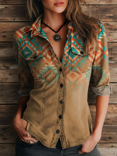 Women's Aztec Print Casual Long Sleeve Comfortable Cotton Shirt