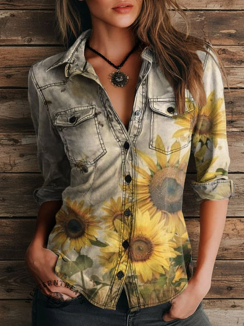 Women's Sunflower Print Casual Long Sleeve Comfortable Cotton Shirt