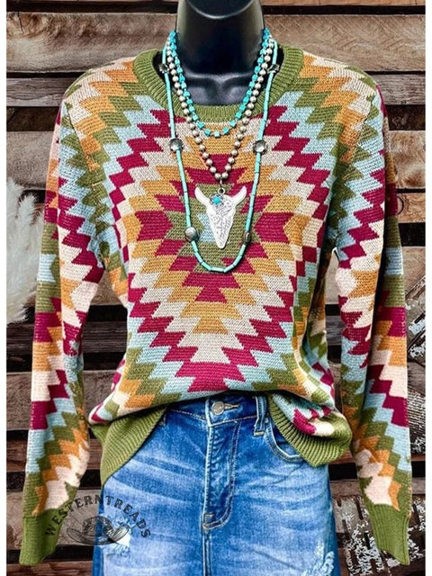 Aztec Print Knit Pullover Sweater