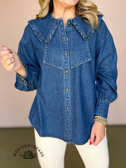 Women's Casual Denim Peter Pan Collar Cotton Shirt