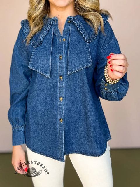 Women's Casual Denim Peter Pan Collar Cotton Shirt