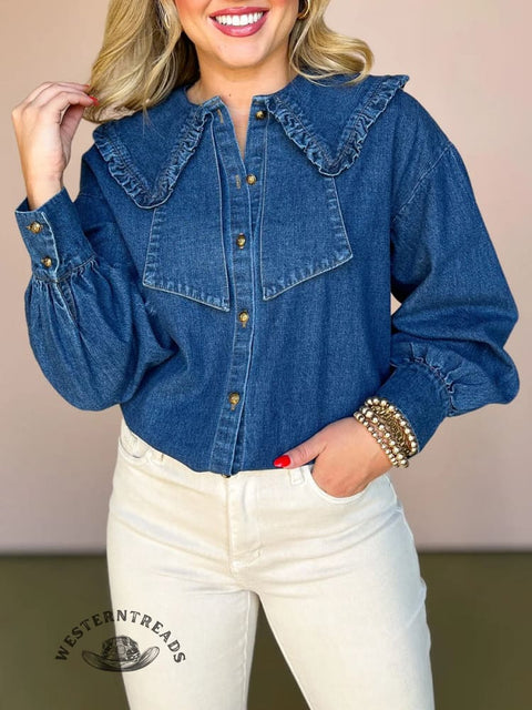 Women's Casual Denim Peter Pan Collar Cotton Shirt