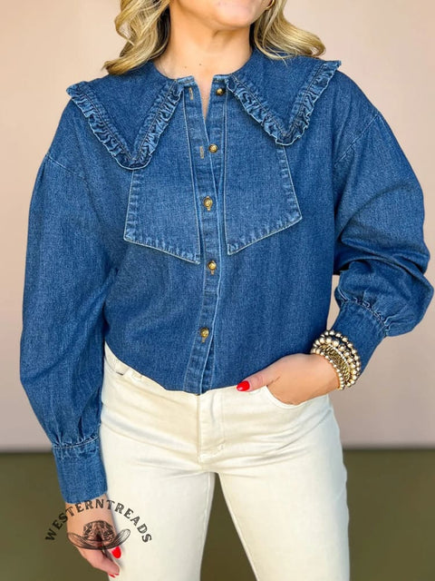 Women's Casual Denim Peter Pan Collar Cotton Shirt