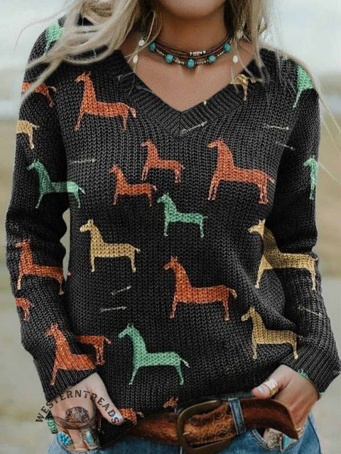 Women's Western Horse Print Casual V-neck Pullover Knit