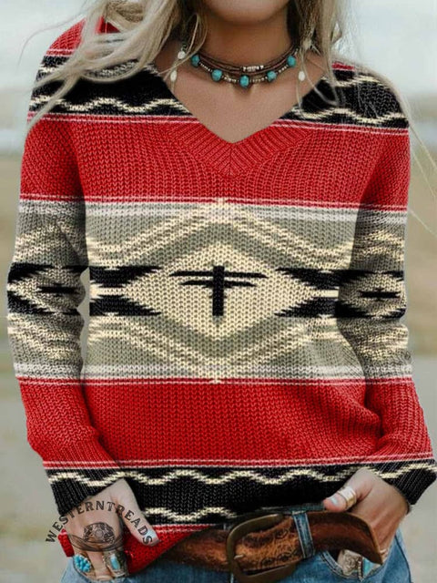 Women's Aztec Print Casual V-neck Pullover Knit