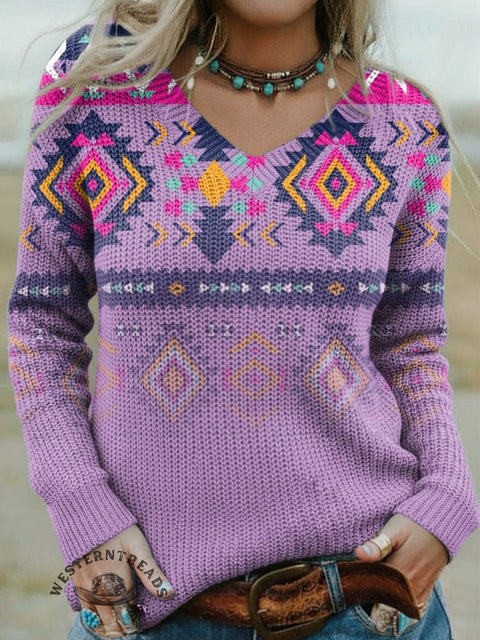 Women's Aztec Print Casual V-neck Pullover Knit