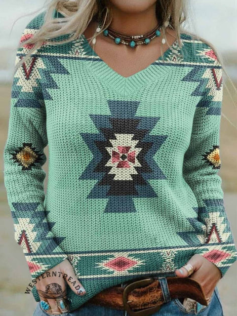 Women's Aztec Print Casual V-neck Pullover Knit