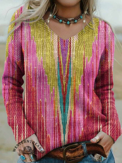 Women's Art Print Casual V-neck Pullover Knit