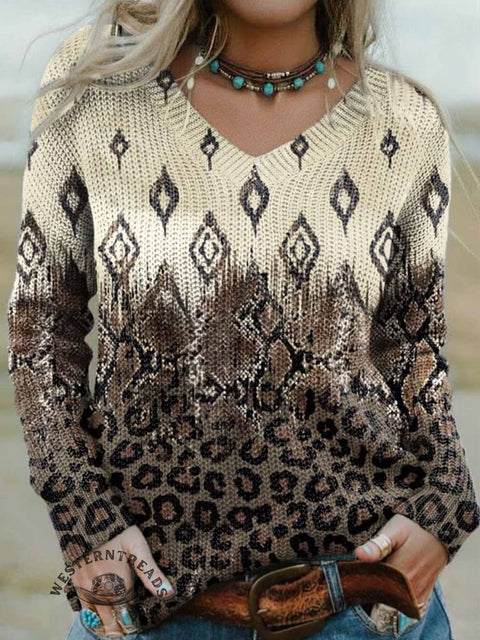 Women's Leopard Art Print Casual V-neck Pullover Knit