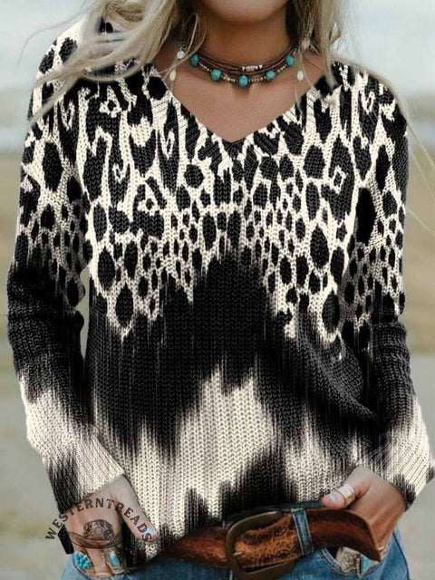 Women's Leopard Art Print Casual V-neck Pullover Knit