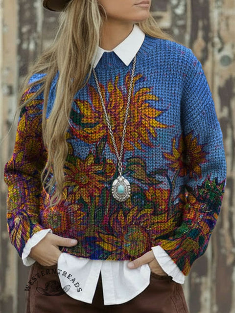 Sunflower Print Knit Pullover Sweater