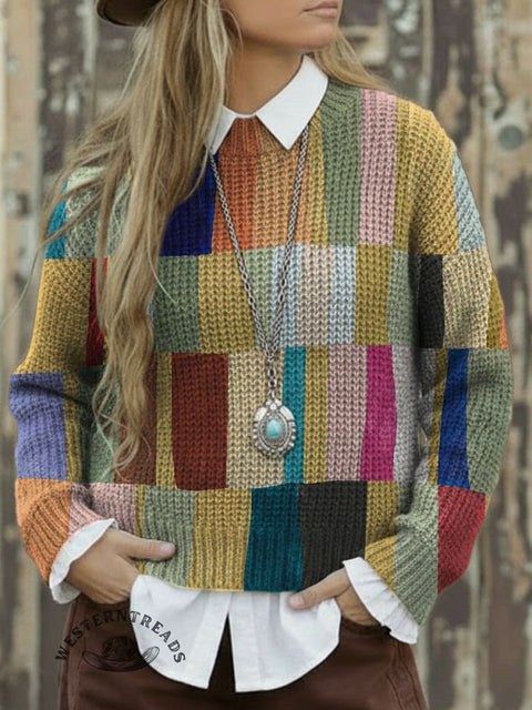 Geometric Color Blocks Print Knit Pullover Sweater