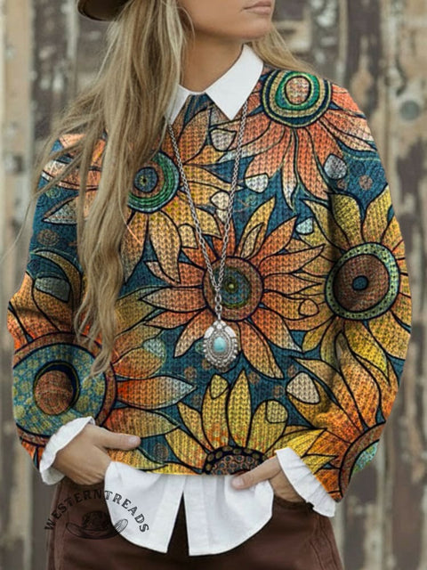 Sunflower Print Knit Pullover Sweater