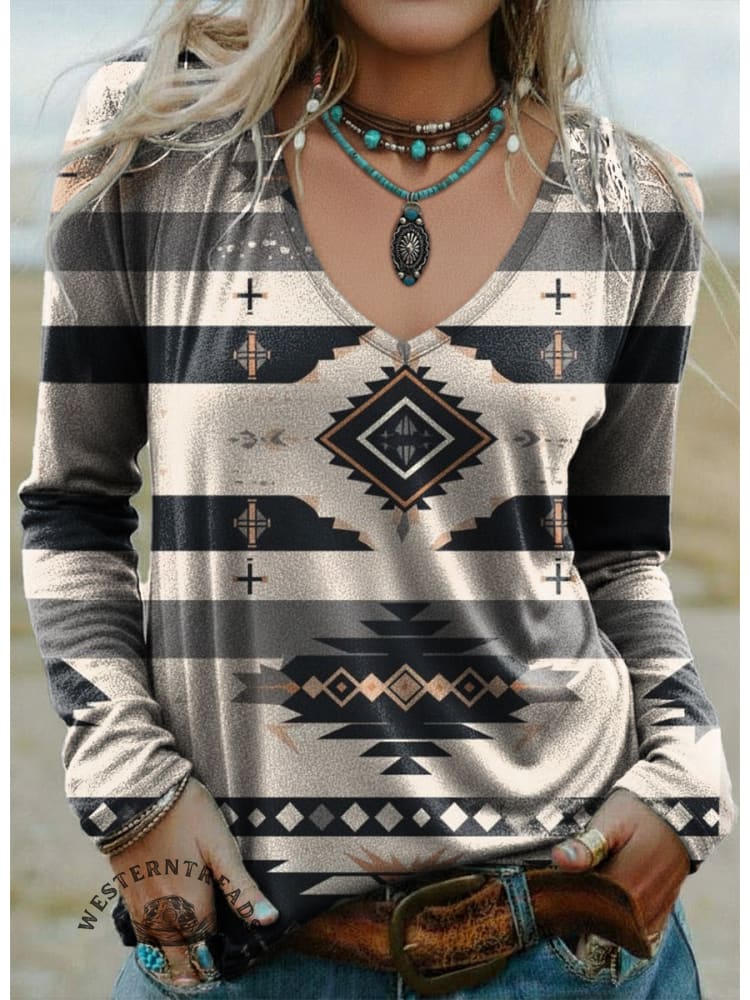 100% Cotton🍃Women's Vintage Aztec Print Casual V-neck Long Sleeve T-shirt