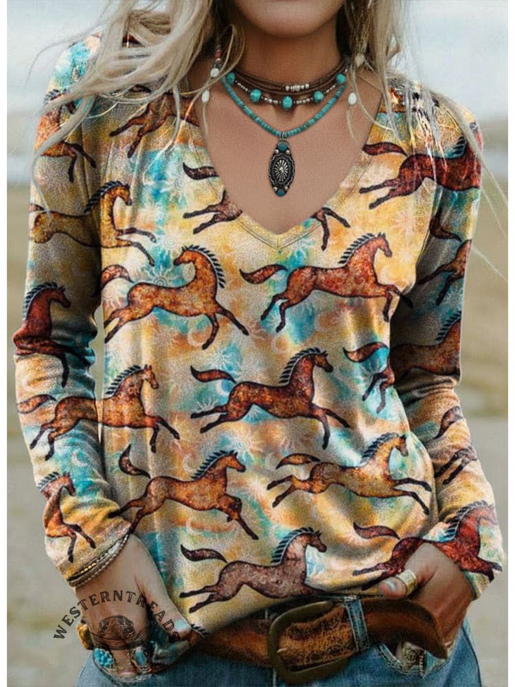 100% Cotton🍃Women's Vintage Navajo Art Print Casual V-neck Long Sleeve T-shirt