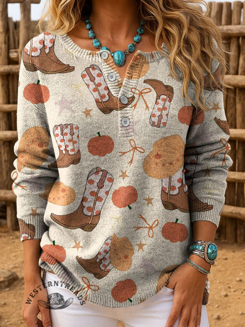 Western Fall Print Buttoned Sweater