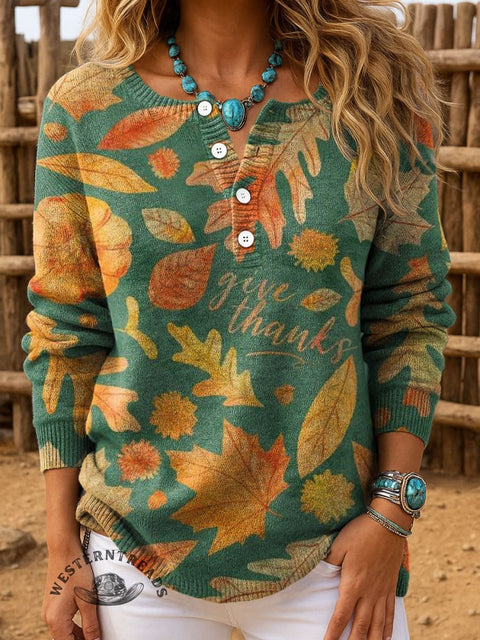 Maple Leaf Print Buttoned Sweater