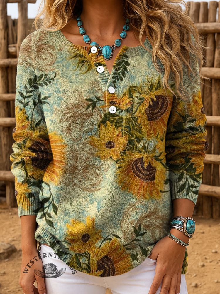 Vintage Sunflower Print Buttoned Sweater