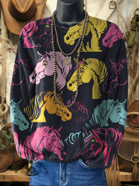 Horse Head Print Casual Cotton Sweatshirt
