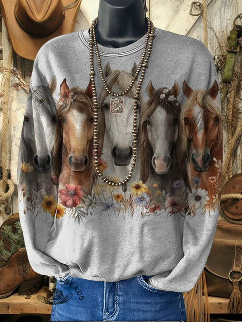 Horse Print Casual Cotton Sweatshirt
