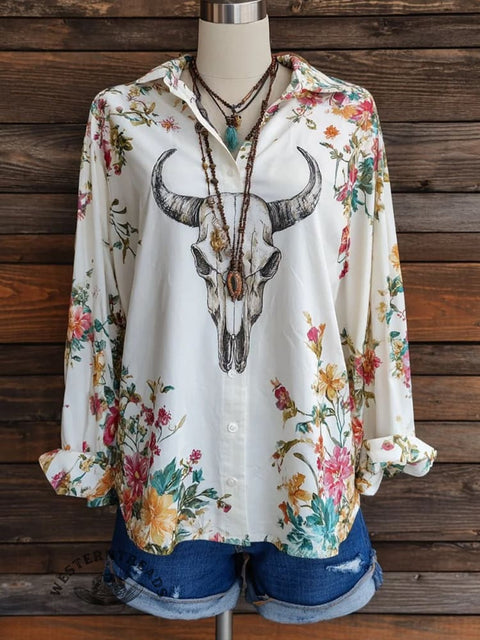 Women's Bull Skull and Floral Print Casual Cotton Shirt