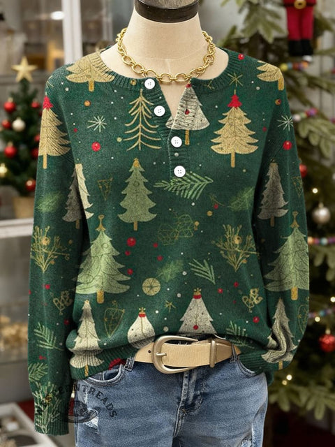 Christmas Tree Print Buttoned Sweater