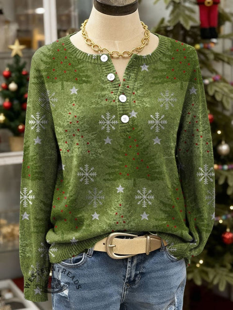 Christmas Tree Print Buttoned Sweater