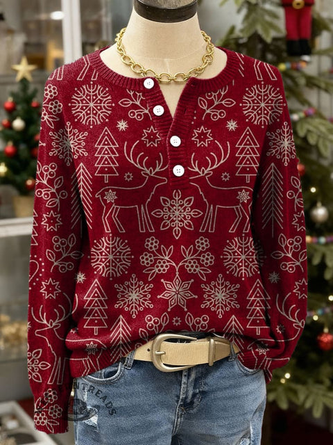 Christmas Print Buttoned Sweater