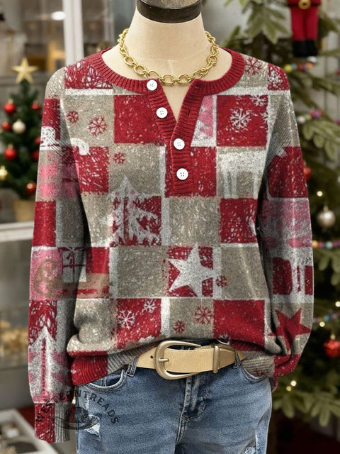 Christmas Print Buttoned Sweater