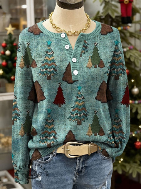 Western Christmas Tree Print Buttoned Sweater