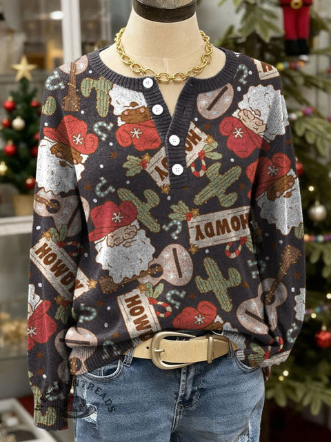 Western Santa Claus Print Buttoned Sweater