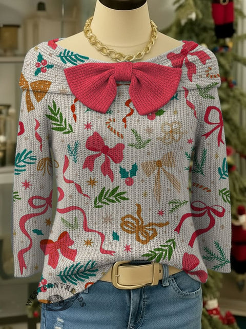 Christmas Bow Print Bow-knot Horizontal Collar Pullover Sweater