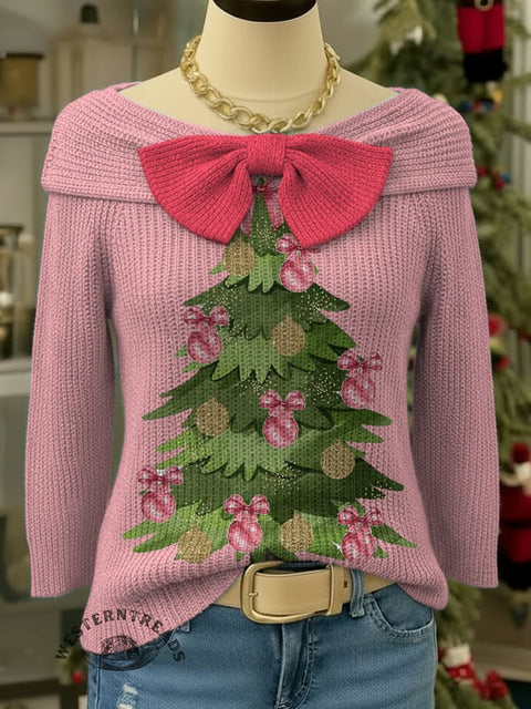Christmas Tree Print Bow-knot Horizontal Collar Pullover Sweater