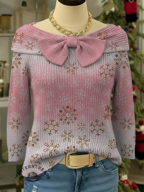 Christmas Snowflake Print Bow-knot Horizontal Collar Pullover Sweater