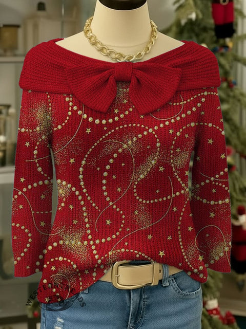 Christmas Print Bow-knot Horizontal Collar Pullover Sweater