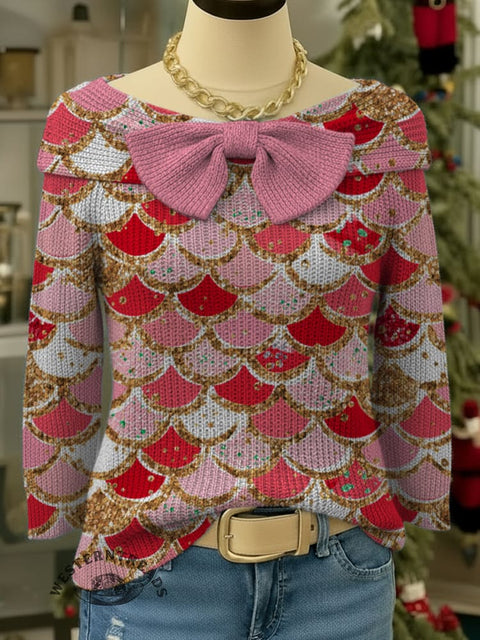 Christmas Print Bow-knot Horizontal Collar Pullover Sweater