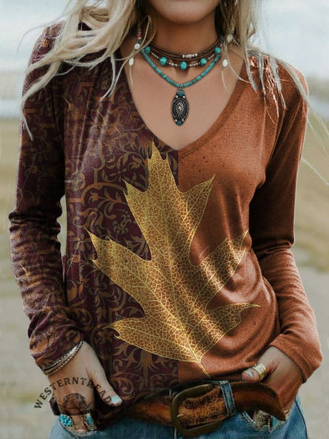Women's Maple Leaf Print Casual V-neck Long Sleeve T-shirt