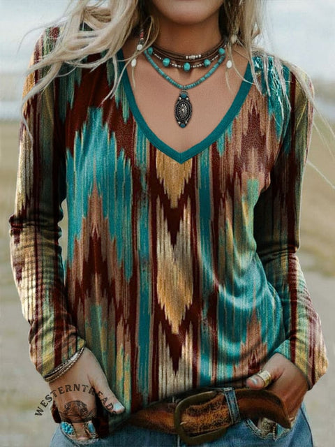 Women's Wood Grain Print Casual V-neck Long Sleeve T-shirt