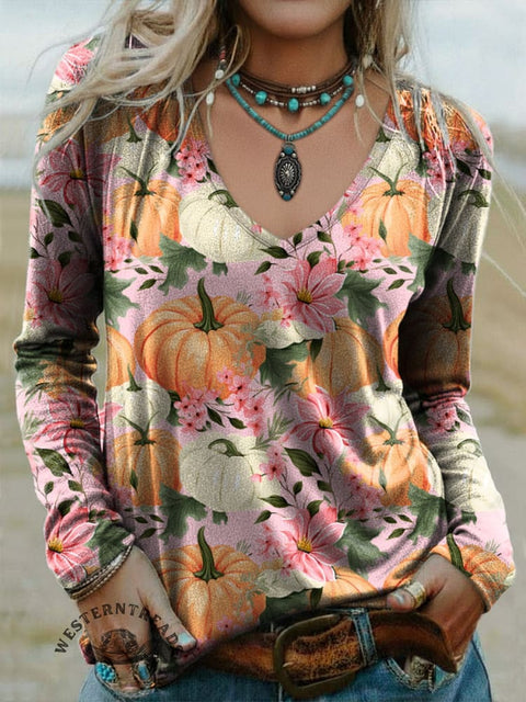 Women's Pumpkin Print Casual V-neck Long Sleeve T-shirt