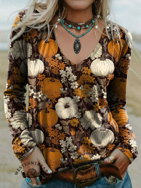 Women's Pumpkin Print Casual V-neck Long Sleeve T-shirt